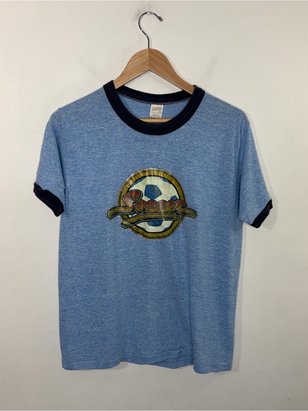 Vintage Sportswear Blue Soccer Ball Iron On Sparkly Ringer Shirt Size Large